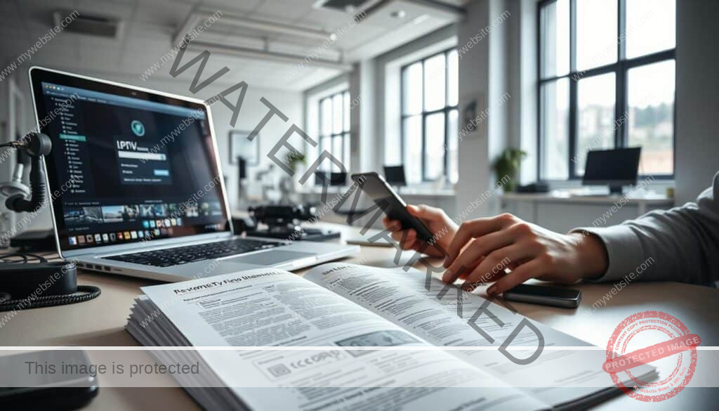 A bright, well-lit workspace with a laptop, smartphone, and various tech accessories neatly arranged on a desk. In the foreground, a person's hands intently navigating through login screens and troubleshooting steps, their expression one of focused determination. In the middle ground, a reference book on IPTV systems lies open, its pages filled with technical diagrams and explanations. The background features a clean, minimalist office environment, with large windows letting in natural light and providing a sense of openness and clarity. The overall mood is one of productive problem-solving, with a sense of calm professionalism and attention to detail.