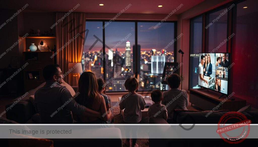 A bustling living room, dimly lit by a warm, inviting glow from a large HDTV screen displaying a diverse array of content. In the foreground, a family of four - two parents and two children - intently watching the screen, their faces illuminated by the flickering images. The middle ground features a plush sofa, a sleek coffee table, and a modern entertainment system, all in a cohesive color palette. The background showcases a large window overlooking a vibrant cityscape, with the night sky visible through the glass. The overall atmosphere is one of cozy, immersive entertainment, capturing the essence of "live on-demand content" in a comfortable, family-oriented setting.