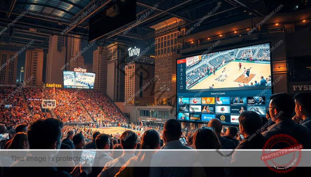 A bustling sports arena comes to life on the digital screen, the audience roaring with excitement. In the foreground, a group of sports enthusiasts huddle around their devices, their eyes glued to the live action unfolding before them. The middle ground showcases a sleek, modern IPTV interface, displaying a diverse array of sporting events and channels. The background is a dynamic cityscape, with towering skyscrapers and the vibrant energy of Chicago's skyline. The lighting is warm and inviting, creating a sense of immersion and connection. The lens captures the scene with a wide, cinematic angle, highlighting the seamless integration of technology and the passion of the sports community.