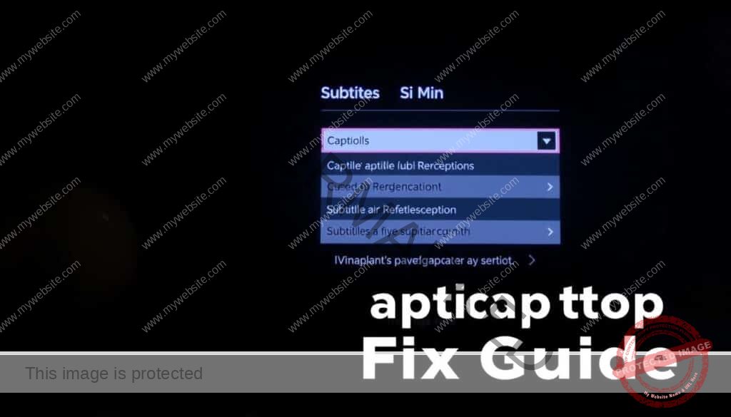 A closeup view of a streaming media player's on-screen settings menu, showcasing the caption and subtitle options. The menu is displayed against a dark, minimalist interface with subtle lighting, creating a sleek and modern aesthetic. The options are clearly visible, with intuitive icons and text labels guiding the user through the various caption settings. The overall scene conveys a sense of simplicity and functionality, reflecting the step-by-step nature of the caption fix guide.