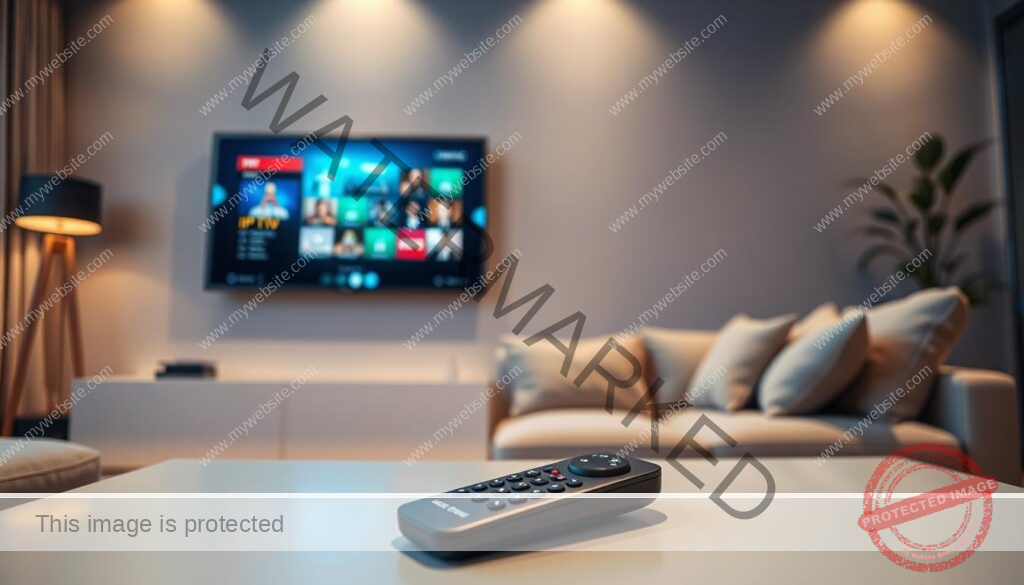 A cozy living room setup with a modern flatscreen TV mounted on the wall, showcasing the IPTV streaming interface. The room is well-lit, with soft, ambient lighting that creates a warm and inviting atmosphere. In the foreground, a sleek remote control rests on a minimalist coffee table, hinting at the seamless user experience. The middle ground features a plush, comfortable sofa facing the TV, inviting viewers to sit back and enjoy their IPTV experience. The background subtly incorporates Seattle or Spokane landmarks, such as the iconic Space Needle or Riverfront Park, to establish the Washington setting. The overall composition conveys a sense of ease and sophistication, reflecting the guide's focus on setting up a premium IPTV service in the region.