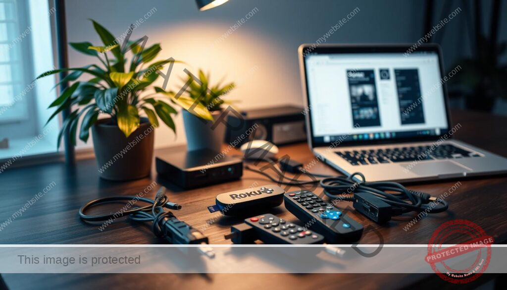 A cozy, well-lit home office setup with a Roku streaming device, a laptop, and an organized array of cables, adapters, and remote controls. The desk is made of sleek, dark wood, and a lush, potted plant adds a touch of greenery. Soft, directional lighting casts a warm glow, creating a productive and inviting atmosphere. The Roku device is prominently displayed, with neatly bundled HDMI and power cables leading to the laptop, which is open and ready for configuration. The remote controls are arranged in a visually appealing manner, reflecting the user's attention to detail and organization.