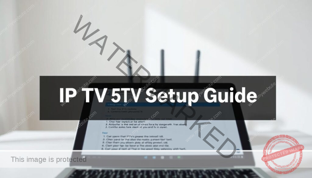 A detailed IPTV setup guide, presented in a clean, informative style. The foreground shows a laptop or tablet displaying step-by-step instructions, with a neutral, light-filled background. The middle ground features a router or modem, symbolic of the network connectivity required for IPTV. The overall mood is one of clarity and guidance, reflecting the educational nature of the content. Lighting is natural and diffused, creating a calm, approachable atmosphere. The camera angle is slightly elevated, giving a sense of accessibility and ease of use.