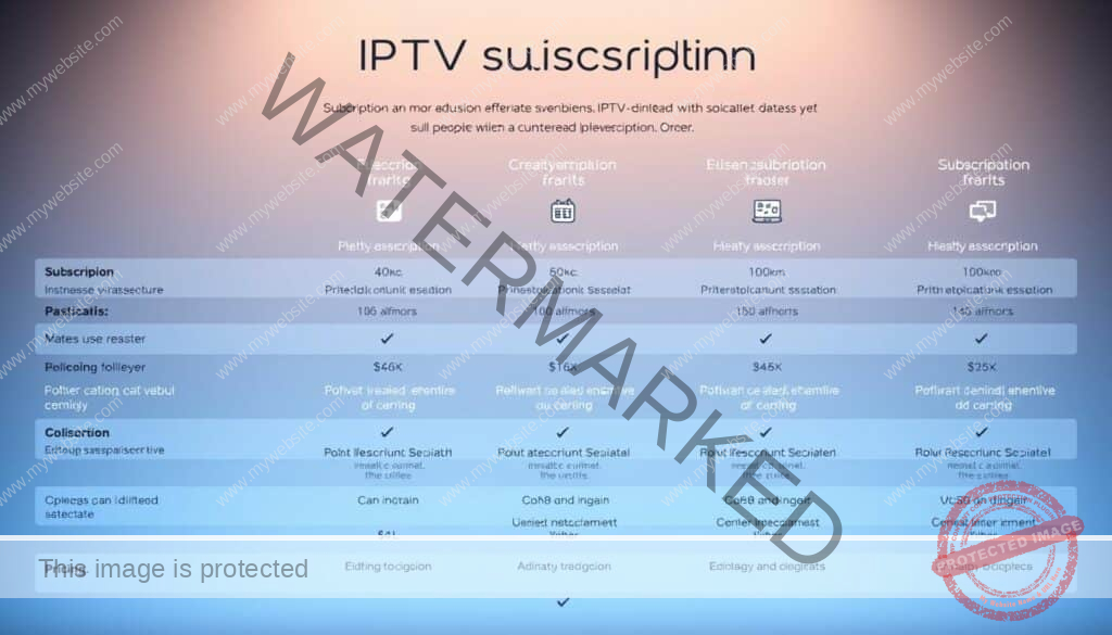 A detailed comparison of IPTV subscription plans, showcasing their distinctive features and pricing options. A clean, professional layout displays subscription tiers in a grid, with icons and brief descriptions highlighting key differences. Soft, muted lighting creates a calm, informative atmosphere, while a subtle gradient background provides visual interest. The image conveys a sense of clarity and organization, allowing the viewer to easily evaluate and compare the various IPTV subscription choices.