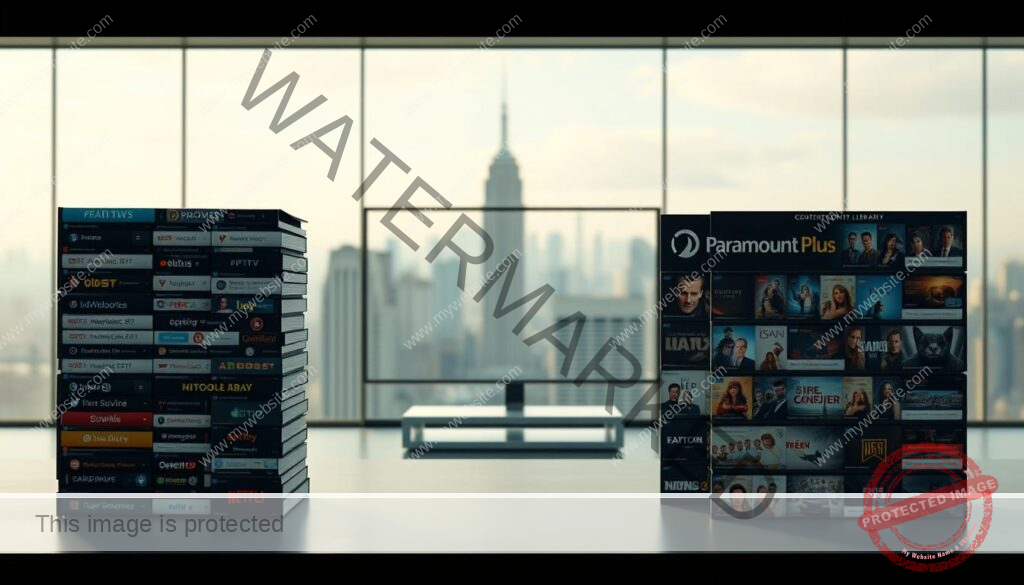 A detailed comparison of the content libraries of IPTV and Paramount Plus, set against a modern, minimalist backdrop. In the foreground, two stacks of media icons representing the diverse catalogs of the two platforms, with a clean and organized layout. The middle ground features a sleek, glass-and-steel interface, hinting at the user experience. The background is a softly blurred cityscape, conveying a sense of technology and progress. The overall mood is one of professionalism, clarity, and the power of choice in the streaming landscape. Lighting is soft and diffused, with a balanced color palette emphasizing the key visual elements.