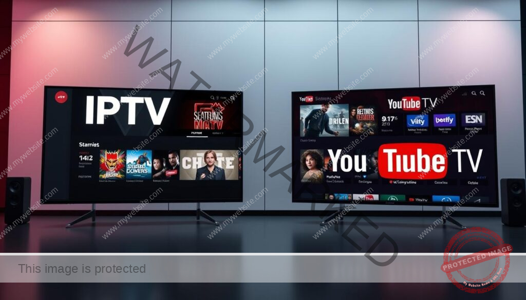 A detailed side-by-side comparison of two popular video streaming services, IPTV and YouTube TV, set against a sleek, modern backdrop. In the foreground, high-resolution icons and interface elements symbolize the key features and capabilities of each platform. The middle ground features product shots and visualizations highlighting their content libraries, channel lineups, and pricing structures. In the background, a minimalist grid layout creates a sense of balance and organization, emphasizing the analytical nature of the comparison. Crisp, high-contrast lighting accentuates the technological aesthetic, with a muted color palette reflecting the professional, informative tone of the scene.