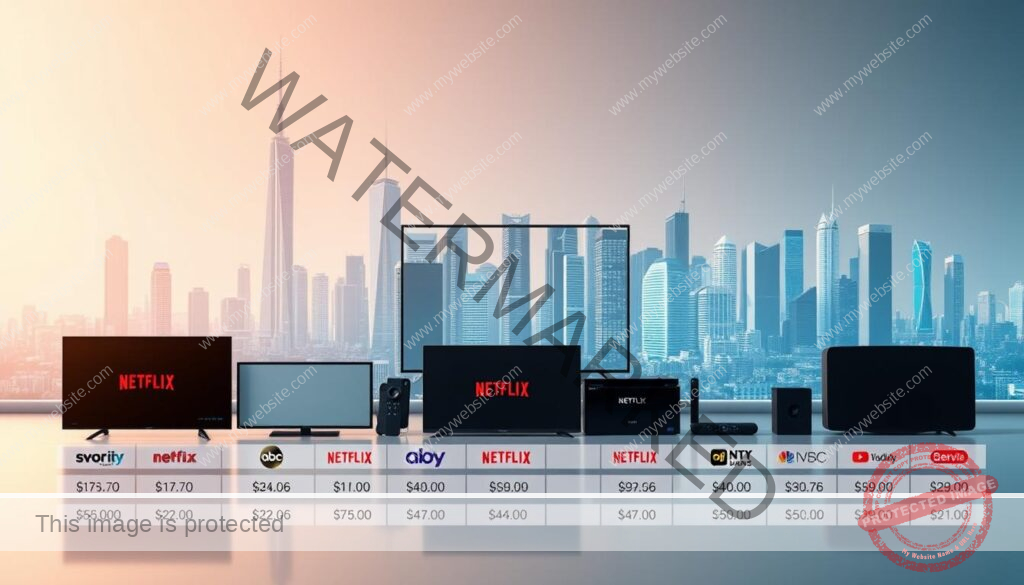 A detailed visualization of the costs of various streaming services, showcased against a sleek, modern backdrop. In the foreground, a neatly arranged grid of service icons and subscription fees, ranging from budget-friendly options to premium tiers. The middle ground features a dynamic array of streaming devices, from smart TVs to mobile phones, highlighting the accessibility of these services. In the background, a minimalist cityscape with towering skyscrapers and a vibrant, neon-lit skyline, conveying a sense of technological progress and the urban landscape that these streaming services have become integral to. The lighting is clean, crisp, and evenly distributed, creating a professional, data-driven atmosphere that aligns with the financial comparison theme.