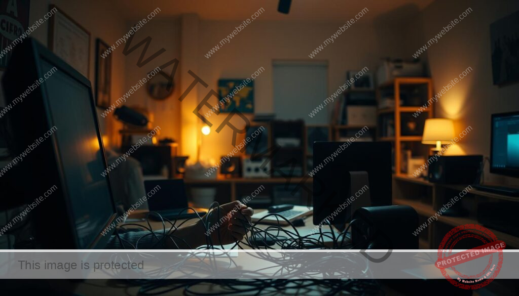 A dimly lit, modern home office with a desk, computer, and various electronic devices. In the foreground, a person is intently examining a tangled mess of cables, trying to troubleshoot the connection issues. Warm task lighting illuminates the scene, casting shadows and creating a sense of focus and concentration. The background features a cluttered, yet organized workspace, hinting at the complexity of the troubleshooting process. The overall atmosphere conveys a sense of problem-solving, with a touch of technical frustration and determination.