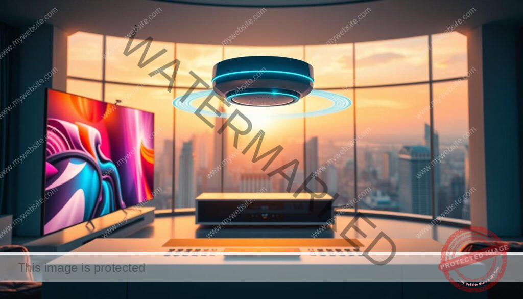 A futuristic and immersive home entertainment setup, showcasing the latest streaming features. In the foreground, a sleek and minimalist smart TV displays vibrant, high-definition visuals. Hovering above it, a state-of-the-art virtual assistant responds to voice commands, seamlessly controlling the various streaming services. The middle ground features a modern media console with touch-sensitive controls, allowing for intuitive navigation through an array of advanced streaming options. In the background, a panoramic window reveals a bustling urban skyline, bathed in the warm glow of the setting sun, creating a sense of technological sophistication and connectivity. The lighting is soft and diffused, enhancing the premium feel of the setup, while the camera angle provides a dynamic and engaging perspective.