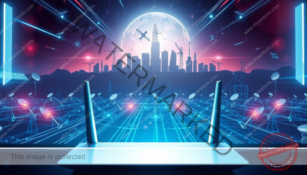 A futuristic, semi-abstract illustration depicting the complex interplay between ISP infrastructure, VPN connectivity, and internet access. In the foreground, a sleek, geometric router housing symbolizes the VPN connection, its glowing status lights and smooth lines conveying reliability and security. In the middle ground, a stylized network of cables, nodes, and satellites represents the ISP backbone, rendered in a cool, industrial palette. The background features a cityscape of towering data centers and satellite dishes, hinting at the global scale of the internet ecosystem. Subtle lighting effects, such as lens flares and atmospheric haze, lend a sense of technical sophistication and dynamism to the scene. The overall composition aims to visually capture the challenges and solutions of navigating the modern internet landscape.