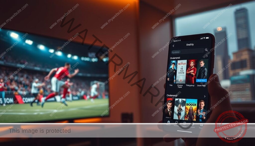 A high-contrast scene depicting the contrast between live and on-demand content. In the foreground, a modern TV screen showcases a dynamic live sports event, with athletes in sharp focus and the audience visible in the background. In the middle ground, a smartphone screen displays a curated selection of on-demand movies and TV shows, arranged in a sleek, minimalist interface. The background is a soft, blurred cityscape, hinting at the ubiquity of on-demand content in the modern digital landscape. The lighting is cinematic, with warm highlights and deep shadows, creating a sense of drama and immediacy. The camera angle is slightly elevated, giving a sense of overview and comparison between the two content experiences.