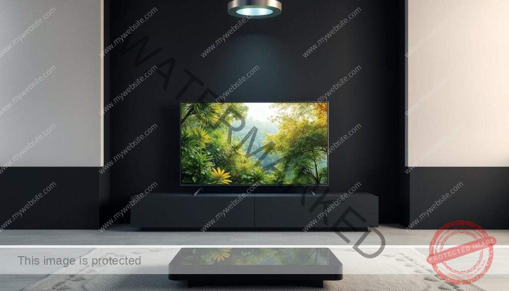 A high-quality 4K streaming experience with a vibrant, ultra-HD display. The scene depicts a modern living room with a large, sleek OLED television set against a minimalist, monochromatic backdrop. Soft, directional lighting from a ceiling-mounted fixture illuminates the screen, creating a warm, cinematic atmosphere. The television displays a dynamic, high-resolution nature scene, with lush, detailed foliage and a crystal-clear, color-accurate image. The overall composition conveys a sense of immersion, inviting the viewer to imagine themselves fully engaged in the content. The attention to technical precision and visual elegance reflects the exceptional quality of the IPTV service.