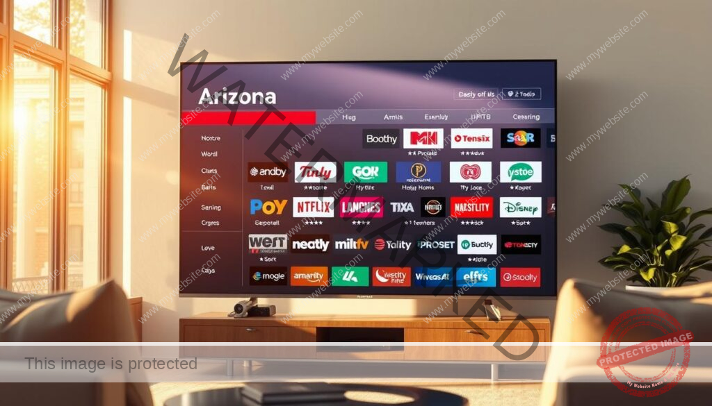 A high-quality, photorealistic rendering of an Arizona streaming channel lineup displayed on a modern, 4K television screen. The TV is situated in a comfortable, well-lit living room, with natural light streaming in through large windows, casting a warm, golden glow. The screen shows a sleek, intuitive interface with channel logos, program information, and easy-to-navigate menus. The overall atmosphere is one of digital sophistication and entertainment, capturing the essence of premium IPTV services available in Arizona. The composition emphasizes the clarity and vibrancy of the display, showcasing the impressive capabilities of modern streaming technology.