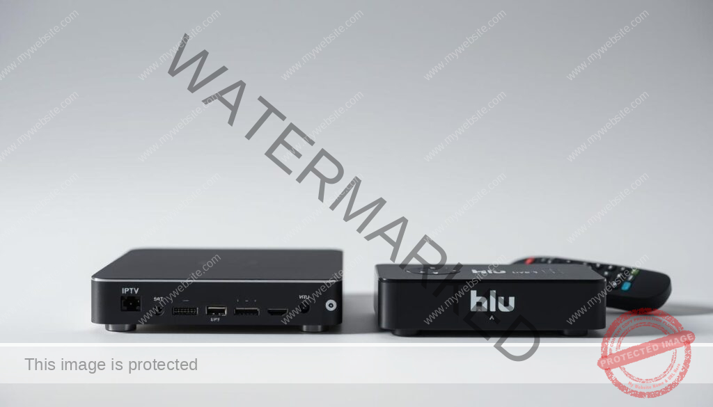 A high-resolution, detailed side-by-side comparison of a modern IPTV set-top box and a Hulu Live TV streaming device, presented against a clean, minimalist background. The IPTV box and Hulu device are showcased from multiple angles, capturing their design, ports, and remote controls. Soft, even lighting illuminates the scene, highlighting the textures and materials of the devices. The overall composition conveys a sense of technical sophistication and consumer electronics aesthetic, inviting the viewer to closely examine and compare the two content delivery platforms.