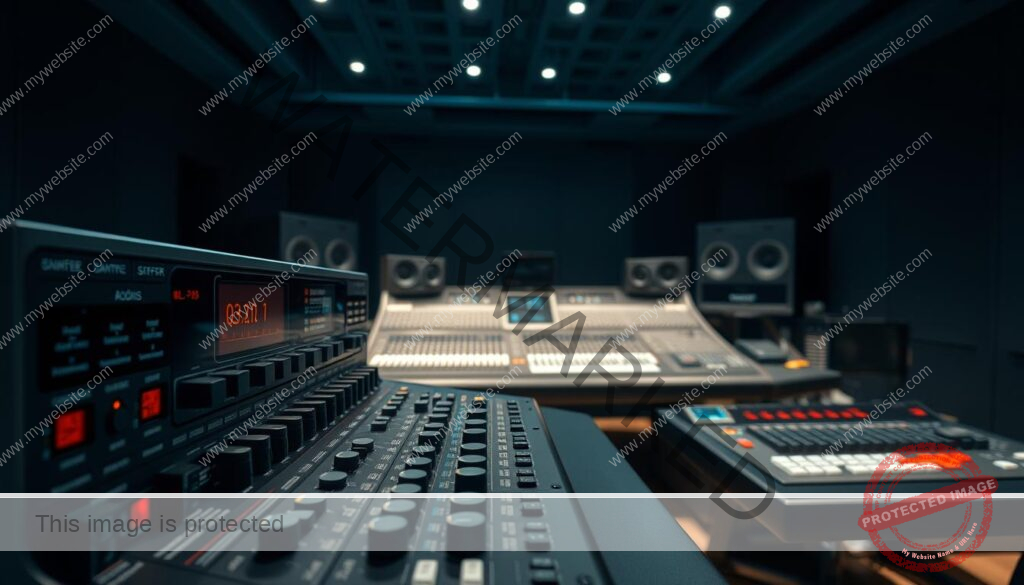 A high-tech audio workstation with a sleek, modern design. In the foreground, a state-of-the-art audio decoder unit with intricate controls, knobs, and displays showcasing various settings and parameters. The middle ground features an ergonomic mixing console with faders, EQ sections, and monitoring equipment. The background is a dimly lit, minimalist studio space with soft, directional lighting highlighting the technical equipment. The overall atmosphere conveys a sense of precision, professionalism, and the complex world of audio engineering.
