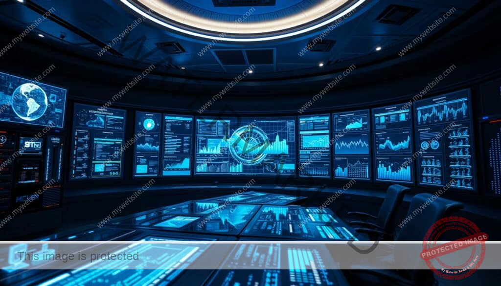 A high-tech control center with an expansive dashboard displaying real-time data and analytics on a network of streaming platforms. Glowing panels and holographic interfaces showcase the latest advancements in IPTV technology, with sleek servers and data racks humming in the background. Soft blue lighting bathes the scene, creating an atmosphere of futuristic innovation and efficiency. The focal point is a large, curved screen showcasing a visually stunning visualization of data flows, video streams, and user analytics, reflecting the power and complexity of modern streaming infrastructure.