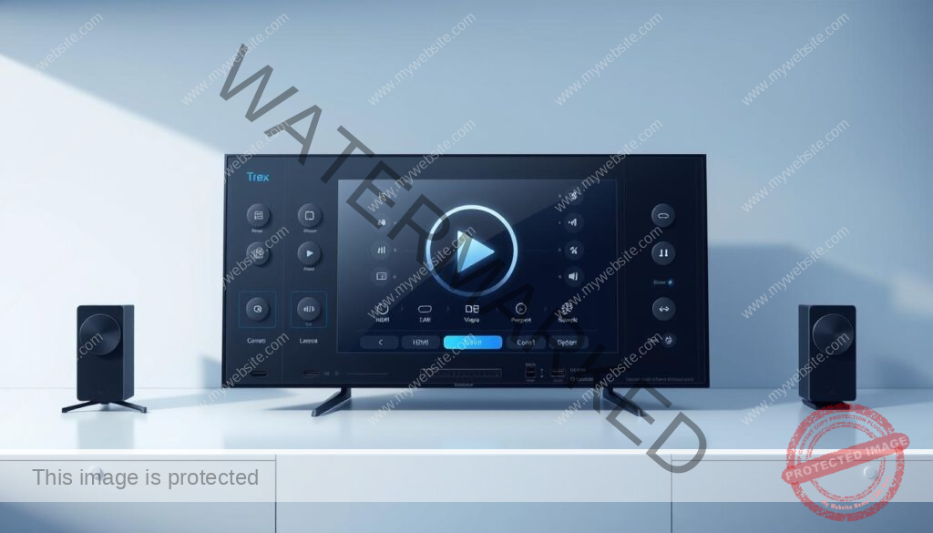 A highly detailed digital illustration of a casting interface control panel, with a sleek and modern design. The foreground features a large central display showcasing various media playback controls, such as play, pause, rewind, and fast-forward buttons. The middle ground includes a range of connectivity options, including HDMI, USB, and network ports, as well as various settings and preferences menus. The background showcases a clean, minimalist environment with subtle gradients and soft lighting, creating a calm and professional atmosphere. The overall composition conveys a high-quality, user-friendly casting experience for a Trex IPTV streaming service.
