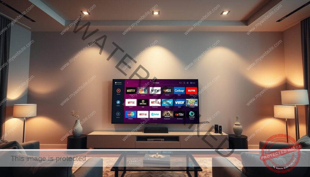 A luxurious, well-appointed living room with a sleek, modern TV console featuring an array of channel selection options. The console has a minimalist design with clean lines and a neutral color palette, complementing the warm, inviting ambiance of the space. The screen displays a vibrant, high-definition user interface showcasing a diverse selection of channel logos and genres, allowing the viewer to effortlessly navigate and discover their desired content. Soft, directional lighting from recessed ceiling fixtures and floor lamps casts a gentle glow, creating a cozy and immersive viewing experience. The composition is balanced, with the TV console positioned as the focal point, surrounded by comfortable seating and subtle, tasteful decor elements that enhance the overall sophistication of the scene.