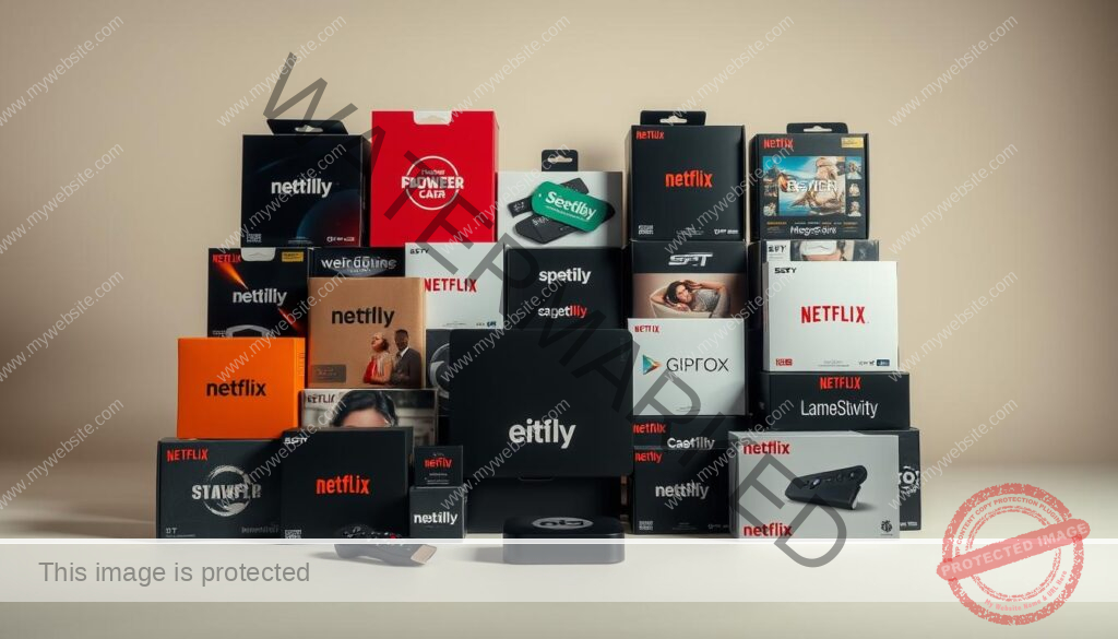 A meticulously composed still life showcasing an array of streaming service packages, elegantly arranged against a neutral background. The packages are depicted with a high level of detail, showcasing their distinct branding, logos, and packaging designs. The lighting is soft and diffused, creating a sense of depth and dimensionality. The camera angle is slightly elevated, providing a comprehensive view of the scene. The overall mood is one of sophistication and professionalism, reflecting the subject matter of the article.