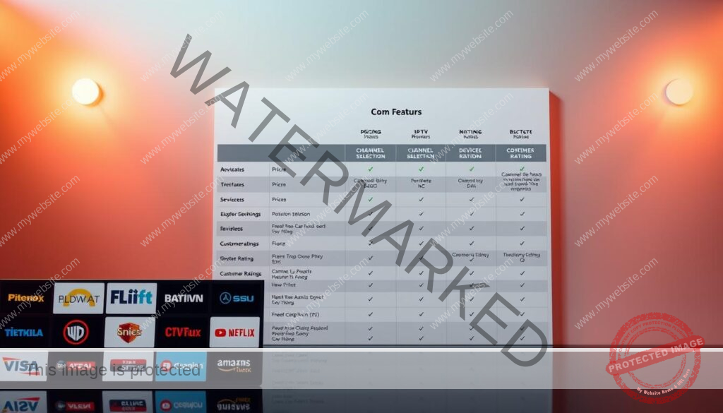 A meticulously designed product comparison table set against a sleek, minimalist backdrop. In the foreground, a grid of thumbnails showcasing the logos and key features of the top IPTV USA providers, bathed in warm, directional lighting that accentuates their visual appeal. The midground features a clean, data-rich comparison chart with neatly organized columns detailing the pricing, channel selection, device compatibility, and customer ratings of each service. The background is a simple, gradient-based color scheme that lends an air of professionalism and authority to the scene. The overall composition strikes a balance between informative functionality and visually striking design, creating an image that effectively highlights the key considerations for consumers seeking the best IPTV solution.