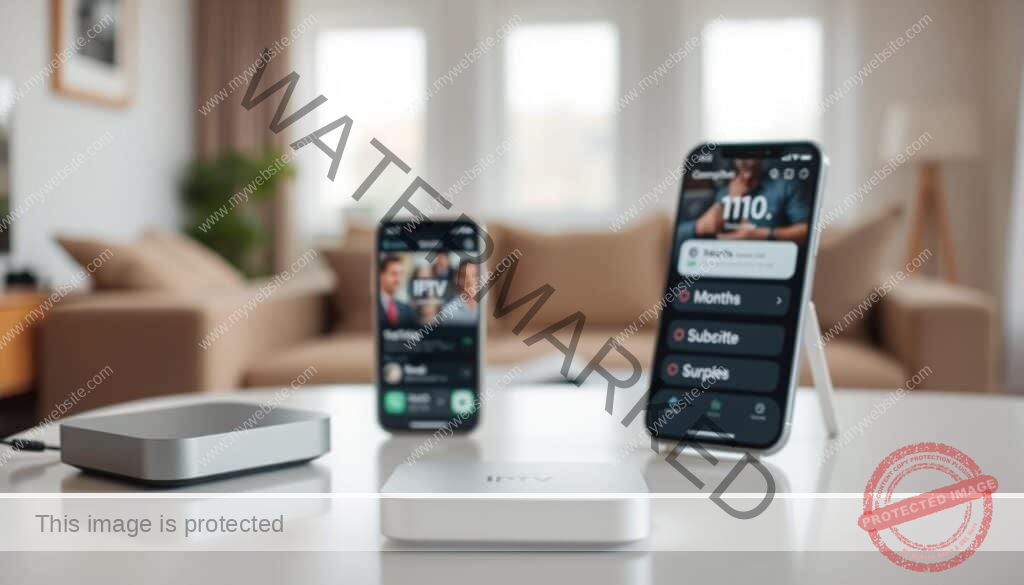 A mid-term commitment to an IPTV subscription plan, captured in a modern, minimalist setting. In the foreground, a sleek, silver streaming device rests on a clean, white table, its subtle LED indicator pulsing gently. In the middle ground, a smartphone displays a well-designed IPTV service interface, showcasing the 6-month subscription option. The background features a blurred, yet warm and inviting living room, hinting at the comfortable, home-based experience of the service. Soft, natural lighting illuminates the scene, creating a sense of calm and professionalism. The overall composition conveys a balanced, practical, and visually appealing representation of a mid-term IPTV commitment.