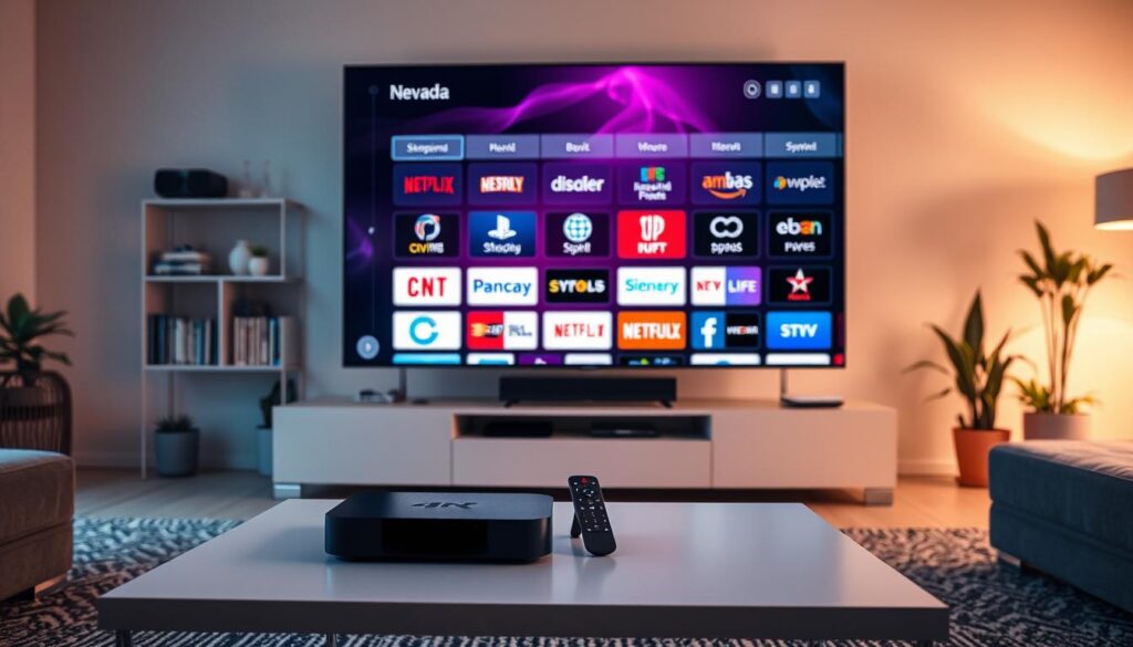 A modern living room with a large 4K TV displaying various streaming app icons and logos. In the foreground, a sleek streaming device and remote control sit on a minimalist coffee table. Soft, warm lighting illuminates the scene, creating a cozy, high-tech atmosphere. In the background, bookshelves and potted plants add natural elements, balancing the technological focus. The image conveys the seamless integration of local TV channels and advanced streaming capabilities, catering to the needs of a tech-savvy Nevada IPTV audience.