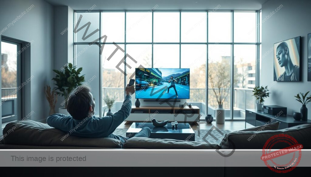 A modern living room with a sleek, minimalist design. In the foreground, a person sits on a comfortable couch, joyfully holding a remote control, representing the freedom of cutting the cord. The middle ground features a large, high-definition television mounted on the wall, showcasing the clear, vibrant picture quality available with streaming services. The background depicts floor-to-ceiling windows, allowing natural light to flood the space and creating a bright, airy atmosphere. The scene conveys the benefits of cutting the cord, including cost savings, greater content flexibility, and an enhanced viewing experience.
