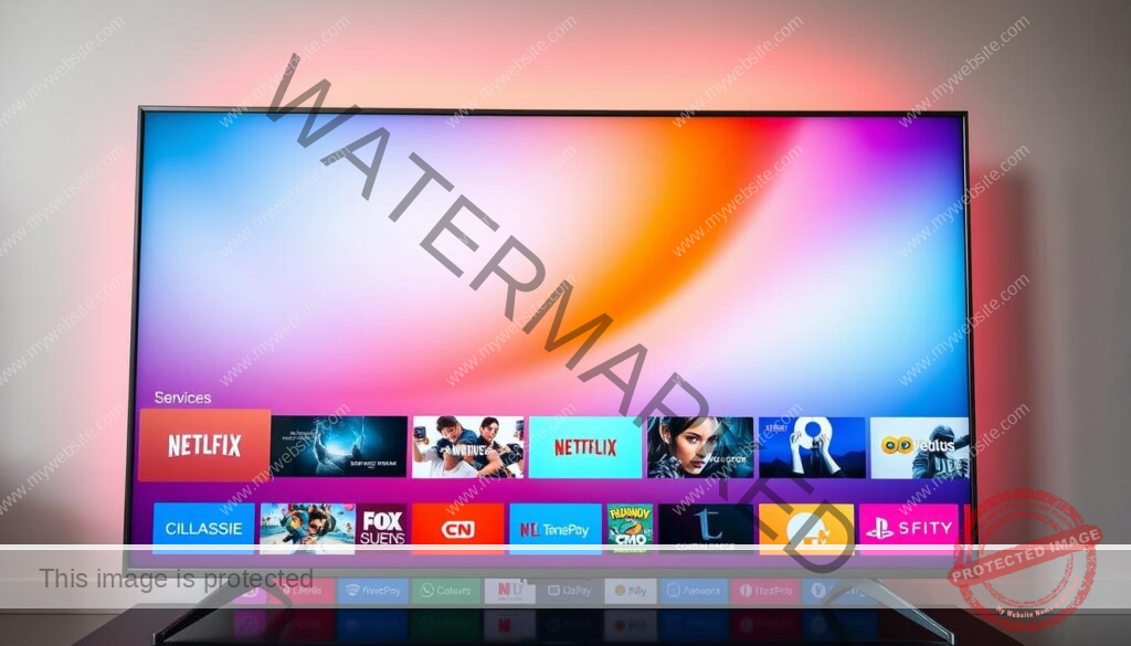 A modern smart TV interface displaying a wide selection of streaming service channels, showcasing a clean and intuitive layout. The foreground features app icons in vibrant colors, arranged in a grid pattern, inviting the viewer to explore the diverse content options. The middle ground depicts a subtle background gradient, providing depth and visual interest. The lighting is soft and even, creating a welcoming atmosphere, while the camera angle is slightly elevated, allowing for a comprehensive view of the channel selection. The overall aesthetic is sleek, contemporary, and designed to enhance the user's experience in navigating the IPTV services available in Philadelphia.