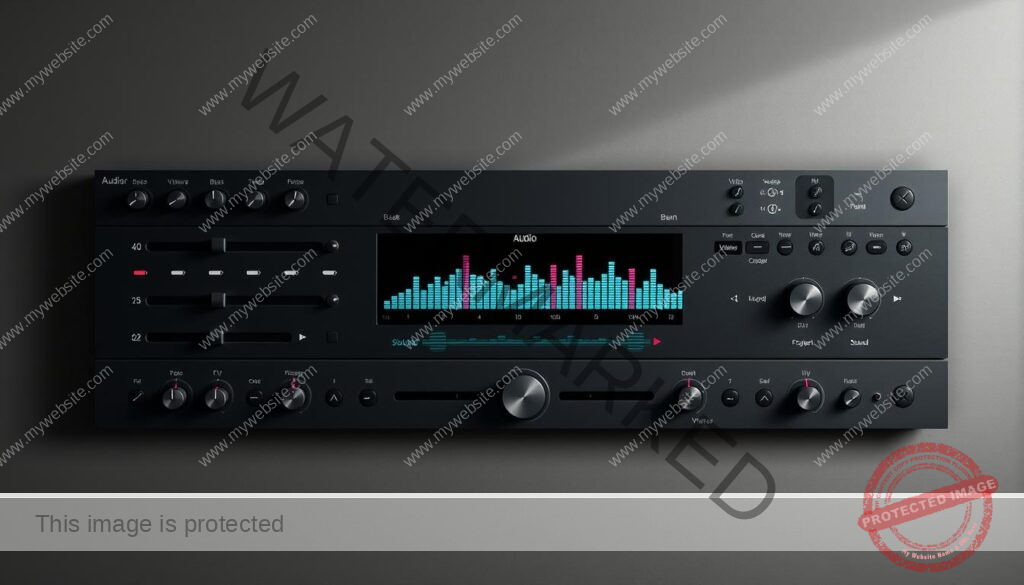 A neatly organized audio decoder settings interface, showcasing a clean and modern aesthetic. The foreground features various sliders, dials, and toggles for adjusting parameters like volume, bass, treble, and surround sound options. The middle ground displays the visualizer, with vibrant waveforms and frequency graphs pulsing in sync with the audio. The background is a minimalist grey gradient, allowing the controls to take center stage. Soft lighting from above casts gentle shadows, creating depth and dimension. The overall mood is one of precision and control, reflecting the importance of fine-tuning audio settings for an optimal IPTV experience.