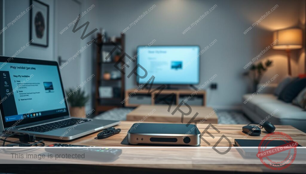 A neatly organized workspace with a laptop, remote control, and various IPTV setup accessories. The laptop screen displays a step-by-step IPTV installation guide, illuminated by soft, directional lighting. In the middle ground, a sleek IPTV device sits atop a wooden table, ready for configuration. The background features a cozy, minimalist home interior, with neutral tones and subtle textures creating a calming atmosphere, perfect for a seamless IPTV setup experience.