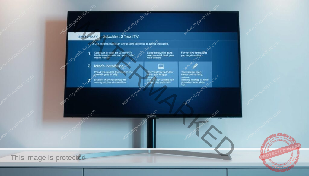A professional Samsung smart TV displaying detailed installation steps for Trex IPTV, set against a clean, minimalist background. The screen showcases a step-by-step guide with clear, easy-to-follow instructions, accompanied by relevant icons and visuals. The TV is illuminated by soft, indirect lighting, creating a calm and informative atmosphere. The camera angle is slightly angled to provide an optimal view of the setup process, allowing the user to easily follow along. The overall composition is balanced and visually appealing, making the content accessible and user-friendly.