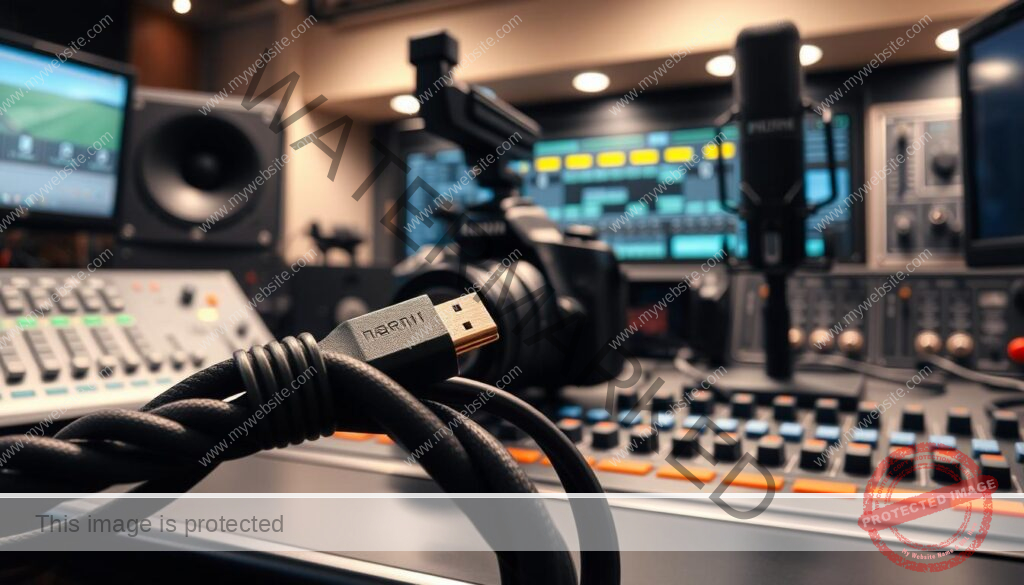 A professional audio-visual studio with an array of high-tech input devices. In the foreground, an HDMI cable and an SDI cable are intricately intertwined, symbolizing the seamless integration of these advanced input technologies. The mid-ground features a sleek DSLR camera, a professional microphone, and other state-of-the-art video and audio equipment, all illuminated by soft, directional lighting that casts dramatic shadows. In the background, a modern control panel with an array of knobs, switches, and indicators underscores the technical sophistication of the setup. The overall atmosphere is one of precision, innovation, and the cutting edge of multimedia production.