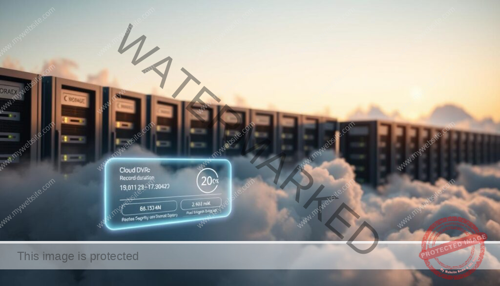 A serene, cloud-like data center with rows of sleek, silver servers nestled amidst wispy, ethereal clouds. Warm, diffused lighting filters through the scene, creating a sense of tranquility and technological harmony. In the foreground, a glowing, translucent interface displays storage capacity, recording duration, and playback options, inviting the viewer to explore the seamless cloud DVR experience. The background features a subtle, gradient-filled sky, hinting at the limitless potential of cloud-based media storage and retrieval. Precise, high-resolution details showcase the advanced, yet elegant nature of this cutting-edge cloud DVR system.