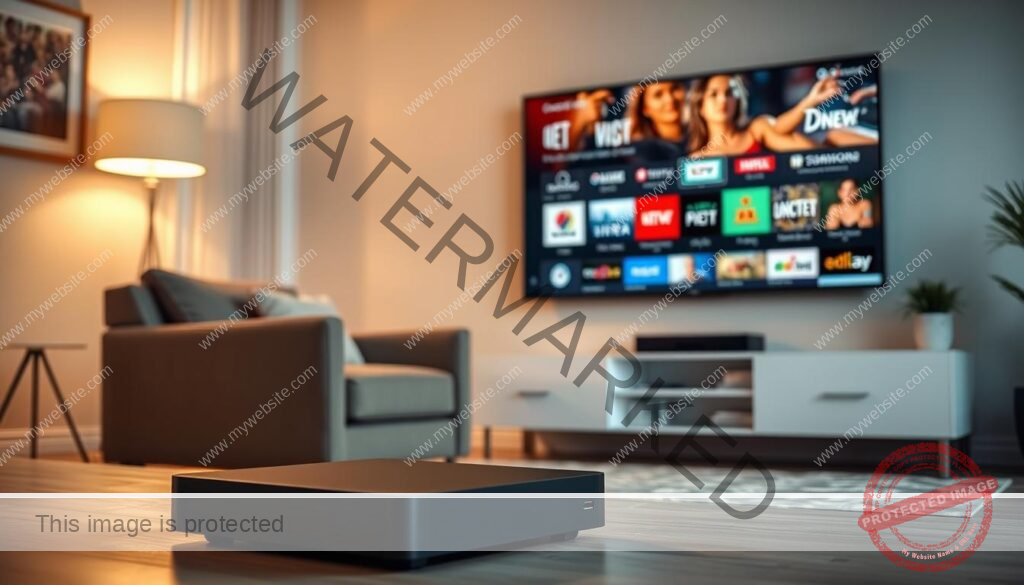 A serene living room with a cozy armchair and a large flatscreen TV mounted on the wall. The TV displays vibrant streaming service logos, conveying the convenience and entertainment options available through an IPTV app on an Android TV box. Soft, warm lighting filters through the room, creating a welcoming atmosphere. In the foreground, a sleek, modern Android TV box sits prominently, its design hinting at the powerful capabilities that enable seamless media streaming. The overall scene showcases the benefits of using an IPTV app on an Android TV box, such as access to a vast library of content, enhanced viewing experience, and the integration of smart home features.