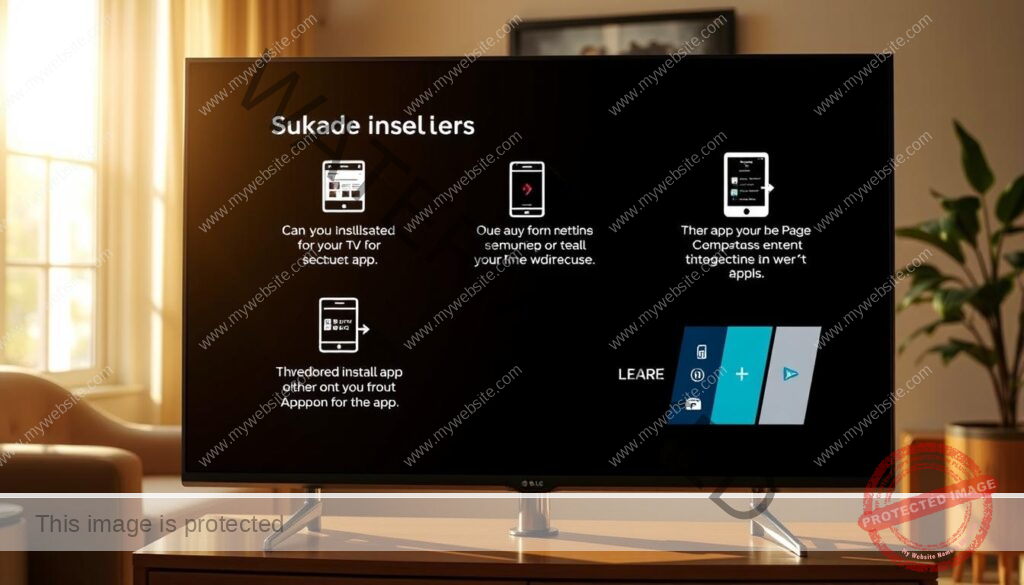 A series of step-by-step app installation instructions on an LG Smart TV screen, illuminated by warm, natural lighting. The foreground depicts a clear, detailed user interface with interactive buttons and menus. The middle ground showcases the Smart TV interface, blending seamlessly with the app environment. The background features a muted, blurred view of a cozy living room, suggesting a comfortable home setting. The overall scene conveys a sense of user-friendly guidance and a smooth, intuitive app installation experience.