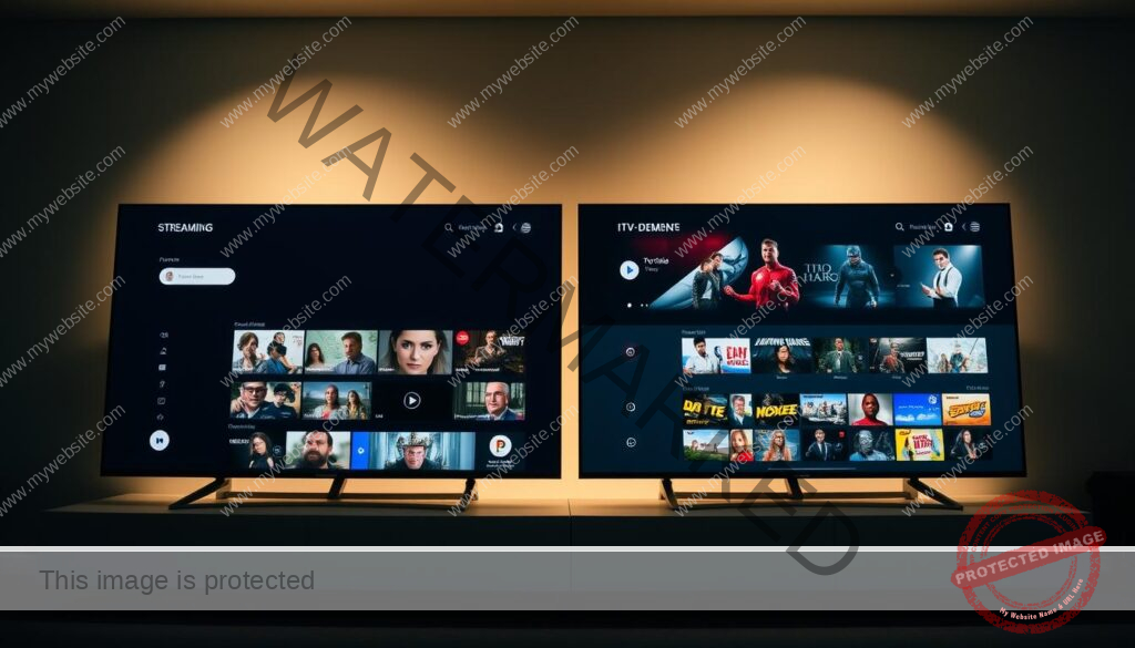 A side-by-side comparison of two modern user interfaces, one for a premium streaming service and the other for a popular IPTV platform. The foreground depicts the clean, minimalist layout of the streaming service's UI, with a focus on bold typography, large thumbnails, and intuitive navigation. In the middle ground, the IPTV interface showcases a more densely packed layout, with a mix of live TV channels, on-demand content, and various tools. The background sets the scene with a subtle, atmospheric lighting that creates a sense of depth and immersion. The overall mood is one of a thoughtful, user-centric design analysis, inviting the viewer to consider the merits and drawbacks of each interface.