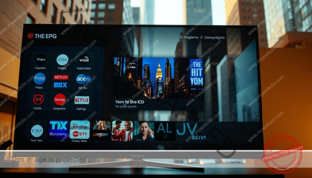 A sleek and intuitive EPG (Electronic Program Guide) interface, with a clean and modern design. The foreground features a grid-like layout displaying various TV channel logos and program information, inviting the user to effortlessly navigate through the available content. The middle ground showcases a large, vibrant program thumbnail, highlighting the current or upcoming show with vivid details. In the background, a soft, blurred cityscape sets the scene, evoking the urban environment of New York City. The lighting is warm and natural, creating a welcoming and engaging atmosphere, while the camera angle provides a slightly elevated perspective, allowing the user to envision themselves interacting with the interface.