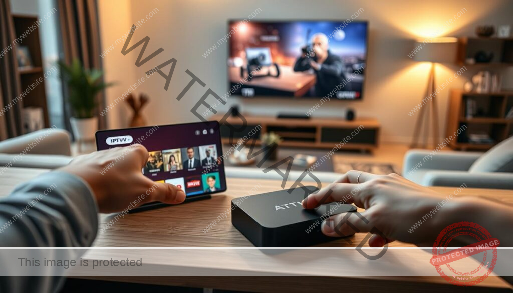 A sleek and modern Android box rests on a minimalist wooden surface, its vibrant display showcasing a variety of streaming services and content. In the foreground, a hand gestures towards the box, highlighting its user-friendly interface and intuitive controls. The middle ground features a panoramic view of a cozy living room, with a comfortable sofa and a large, high-definition television screen. The background is softly lit, creating a warm and inviting atmosphere that suggests the convenience and entertainment value of the streaming device. The overall composition conveys the benefits of using an Android box for IPTV streaming, including access to a wide range of content, seamless integration with existing home entertainment systems, and a simplified user experience.