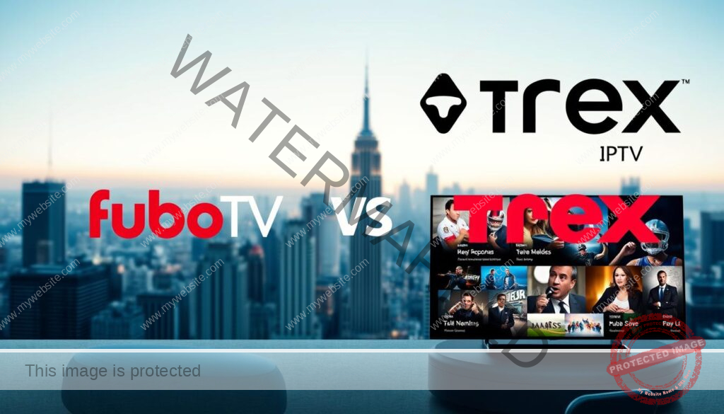 A sleek and modern comparison of two leading streaming services, FuboTV and Trex IPTV, set against a stylish backdrop. In the foreground, two crisp, high-resolution logos float elegantly, inviting the viewer to explore the key features and offerings of each platform. The middle ground showcases an array of sports, entertainment, and news content, represented by vivid, cinematic imagery captured with a wide-angle lens and soft, directional lighting. In the background, a clean, minimalist cityscape sets the scene, evoking a sense of urban sophistication and technological prowess. The overall atmosphere conveys a sense of professionalism, clarity, and the ability to make an informed decision between these two compelling streaming options.