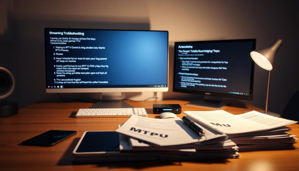 A sleek and modern home office setup with a desktop computer, a streaming device, and various troubleshooting tools. The desktop is positioned on a minimal, clean-lined wooden desk, with a high-resolution monitor displaying helpful troubleshooting steps. The streaming device, likely a smart TV or set-top box, sits next to the computer, its LED indicators glowing softly. In the foreground, a smartphone, tablet, and a stack of technical manuals convey the process of methodically troubleshooting the issue. Soft, directional lighting illuminates the scene, creating a serene and focused atmosphere for the user to efficiently tackle the IPTV problem.