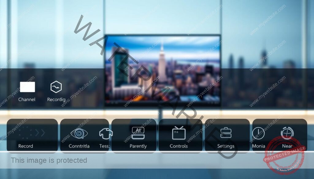 A sleek and modern software interface showcasing key features for a powerful streaming app. In the foreground, various intuitive icons and controls representing functions like channel selection, recording, parental controls, and settings. In the middle ground, a clean and uncluttered display with vivid, high-definition video playback. The background features a subtle gradient or blurred cityscape, conveying a sense of technology, connectivity, and the digital world. Crisp, balanced lighting illuminates the scene, and a wide, cinematic angle captures the comprehensive functionality of the app. The overall mood is professional, polished, and designed to captivate the user.