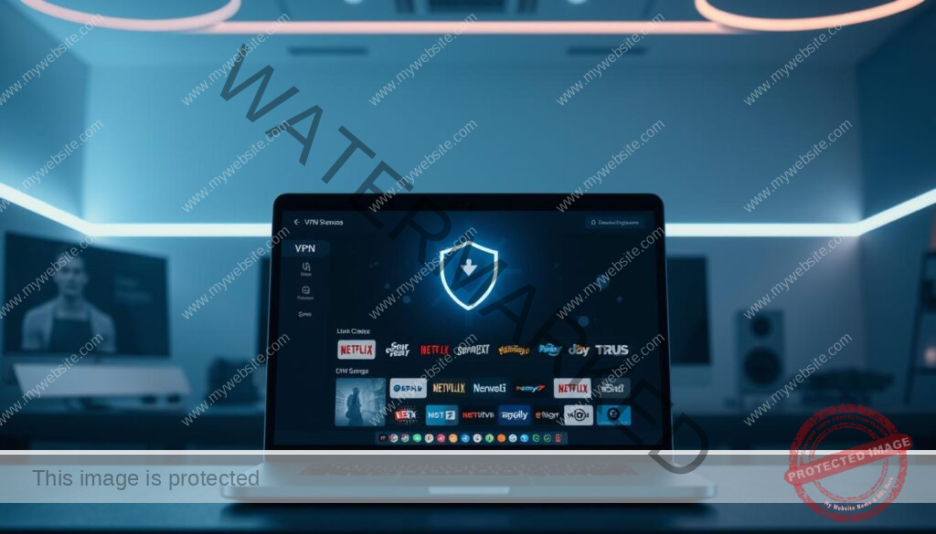 A sleek, high-tech VPN interface displayed on a modern, minimalist computer setup. The foreground shows a laptop or desktop screen with a clean, intuitive VPN app, showcasing its ability to unlock streaming content. The middle ground features various streaming service icons and logos, hinting at the VPN's capability to bypass geo-restrictions. The background depicts a dimly lit, futuristic office setting with subtle ambient lighting, conveying a sense of security and privacy. The overall scene emanates a professional, cutting-edge vibe, highlighting the VPN as a powerful tool for seamless, uninterrupted streaming experiences.