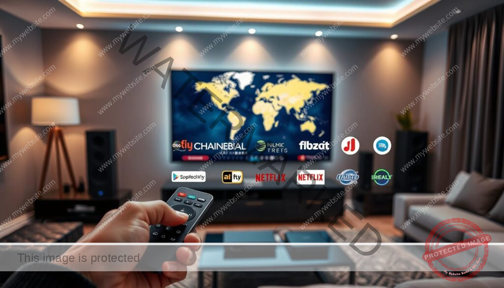 A sleek, high-tech home entertainment setup, featuring a large widescreen TV and various streaming devices. The living room is well-lit with a combination of ambient and task lighting, creating a cozy and inviting atmosphere. In the foreground, a hand holds a modern remote control, highlighting the seamless interaction between the user and the technology. The middle ground showcases an array of streaming service logos, representing the diverse range of local and international content available. In the background, a world map subtly hints at the global reach of the entertainment options. The overall scene conveys a sense of convenience, accessibility, and the fusion of local and global entertainment experiences.