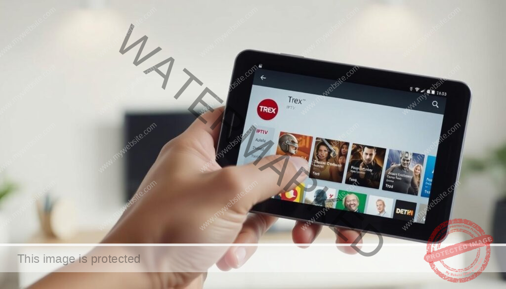 A sleek, modern Android device prominently displayed, its screen showing the Trex IPTV app interface. In the foreground, a hand gently holds the device, guiding the user through the installation process. The background features a clean, minimalist environment with soft lighting, creating a calm and focused atmosphere. The image conveys a sense of easy, step-by-step guidance for setting up the Trex IPTV app on an Android device, reflecting the subject and section title of the article.