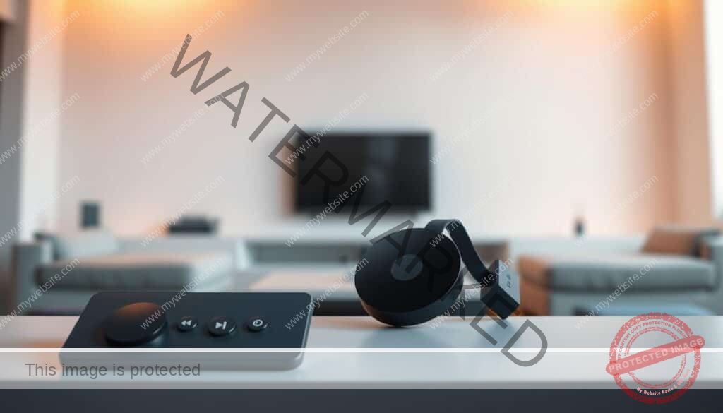 A sleek, modern chromecast interface against a minimalist background. The foreground features a clean, intuitive control panel with clearly labeled buttons for volume, playback, and casting options. The middle ground showcases the chromecast device itself, its minimalist design and LED indicator lights capturing the essence of effortless streaming. The background is a serene, softly-lit environment, perhaps a living room or home entertainment setup, to evoke a sense of comfort and relaxation. Warm, natural lighting casts a gentle glow, while clean lines and muted tones create a sophisticated, user-friendly atmosphere. The overall composition highlights the seamless integration of chromecast technology into a modern, accessible media experience.