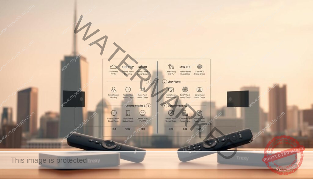 A sleek, modern comparison of two streaming services, Trex IPTV and local providers, set against a backdrop of a minimalist cityscape. In the foreground, detailed product shots of the streaming devices and remote controls, captured with a shallow depth of field to draw the viewer's eye. The middle ground features neatly arranged infographics and icons highlighting the key features and pricing of each service, presented in a clean, data-driven layout. The background showcases a skyline of skyscrapers in muted tones, evoking the urban setting of the article's subject. Warm, directional lighting creates depth and emphasizes the professional, informative tone. The overall composition balances form and function, inviting the viewer to explore the nuances of the streaming service comparison.