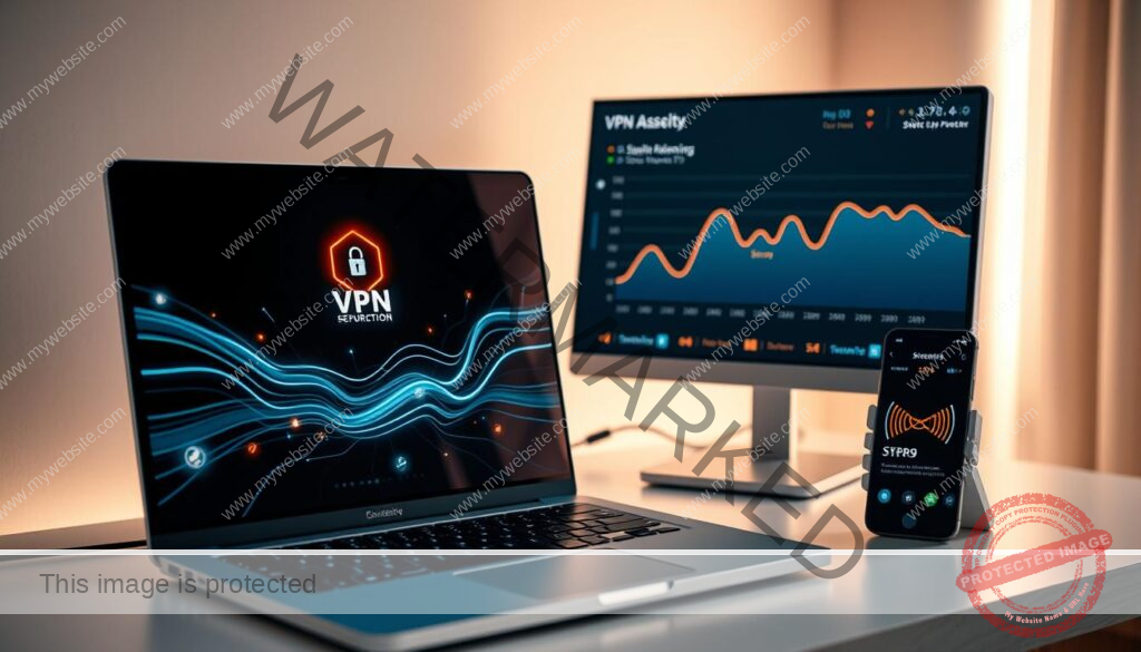A sleek, modern computer setup with a laptop, desktop monitor, and smartphone. The laptop screen displays a VPN connection, visualized through glowing data streams and security icons. The desktop monitor shows a performance graph with smooth, fluctuating lines, indicating stable and optimized streaming. The smartphone screen showcases a streaming app, seamlessly integrating with the VPN. Soft, ambient lighting creates a professional, tech-savvy atmosphere. The scene conveys a sense of enhanced security and reliable, high-performance streaming enabled by a trusted VPN solution.
