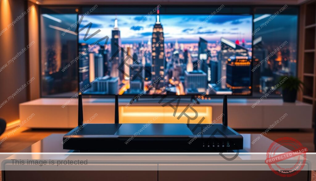 A sleek, modern media center with state-of-the-art streaming hardware. In the foreground, a high-end network router and media player sit atop a minimalist entertainment console, their polished metal and glass surfaces gleaming under warm, indirect lighting. In the middle ground, a large, vibrant OLED display showcases crystal-clear 4K video, its colors and details razor-sharp. The background features a panoramic window overlooking a dynamic cityscape, with towering skyscrapers and a glittering night skyline - a testament to the power and reach of the streaming technology on display.