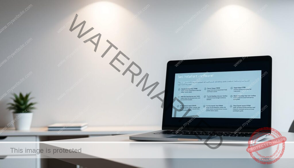 A softly lit, modern office setting with a laptop computer prominently displayed on a clean, uncluttered desk. The laptop screen shows a series of clear, step-by-step software installation instructions, guiding the user through the process. In the background, a minimalist, gray-toned wall provides a subtle, professional backdrop. The overall atmosphere is calm, focused, and informative, conveying the ease and simplicity of the software installation experience.