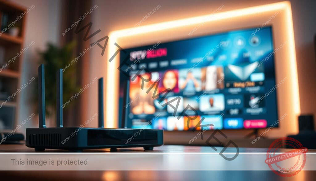 A sophisticated streaming technology setup, captured in a cinematic, well-lit scene. In the foreground, a sleek, modern streaming device with clean lines and a minimalist design. Placed prominently, it symbolizes the convenience and ease of IPTV. In the middle ground, an advanced router with multiple antennas, representing the high-speed internet infrastructure powering the streaming experience. In the background, a large, high-definition display shows a vibrant, immersive visual interface, hinting at the quality and richness of IPTV content. The scene is bathed in a warm, soft lighting, creating a cozy and inviting atmosphere, highlighting the seamless integration of technology into the modern living space.